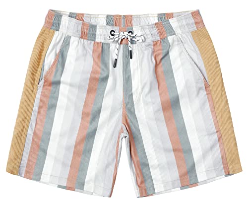 JOTOOK Men's Casual Drawstring Corduroy Shorts Elastic Waist Summer Shorts with Pocket Printed Short Medium Grey White Stripe