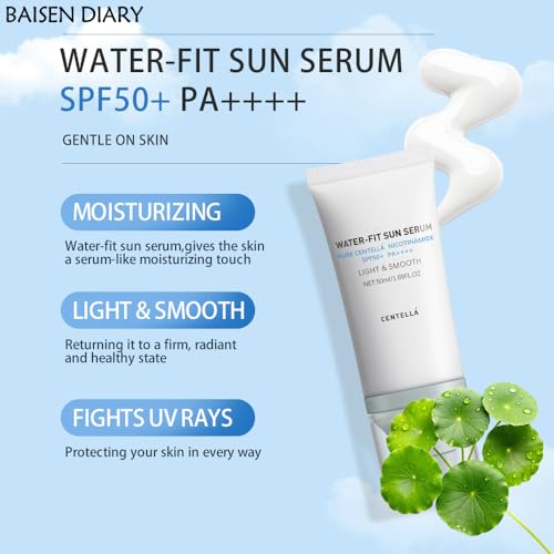 BAISEN DIARY Centella Sunscreen SPF 50 PA++++, Hyalu Cica Water-Fit Sun Serum, Lightweight Sunscreen with Centella Asiatica, Hydrating & Non-Greasy Sun Protection for Sensitive Skin