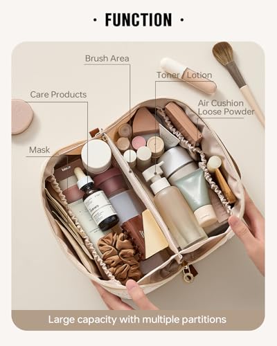 EACHY Travel Makeup Bag, Floral Cosmetic Bag for Women, Beige, Medium