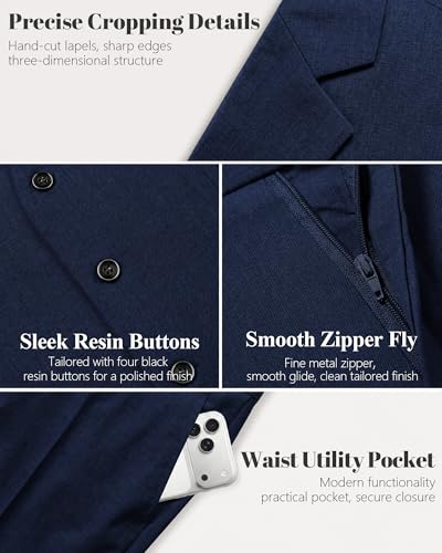 MY'S Men's 3 Piece Slim Fit Suit Set, One Button Solid Jacket Vest Pants with Tie Deep Blue