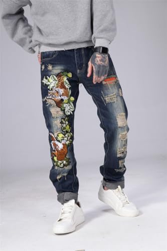 Enrica Men's Straight Slim Fit Ripped Distressed Jeans with Embroidered Patches Pants, Blue 0795, 38
