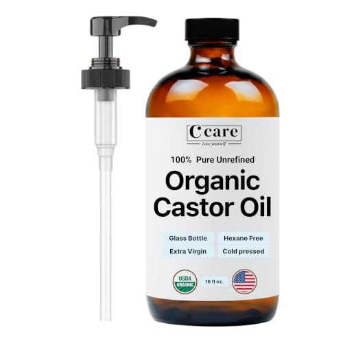 C CARE Castor Oil 100% Pure Organic Cold Pressed Unrefined Glass Bottle | USDA Certified Organic | Hexane Free Extra Virgin | For Hair Growth Eyebrows Eyelashes Skin and Castor Oil Pack Wrap | 16oz