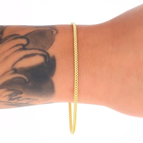 Nuragold 10K Real Yellow Gold Square Franco Box Chain Wheat Bracelet - 2mm,7"