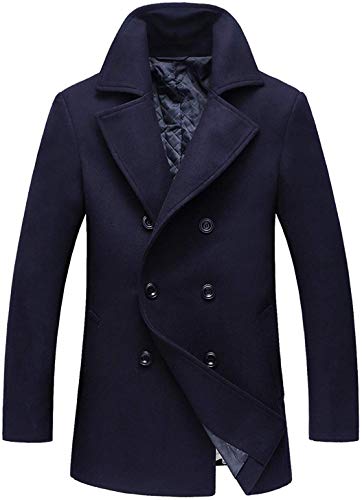 chouyatou Men's Classic Notched Collar Double Breasted Wool Blend Pea Coat (Large, Dark Blue)