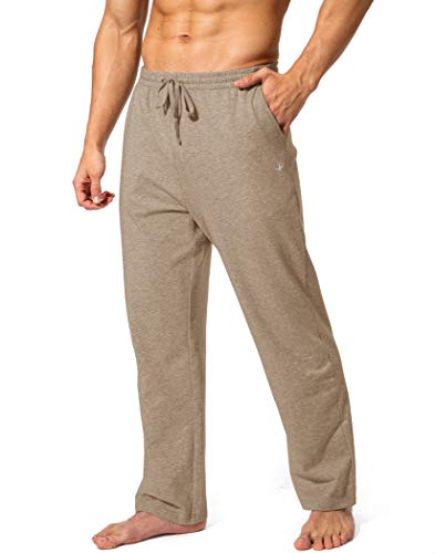 Pudolla Men's Cotton Yoga Sweatpants Athletic Lounge Pants Open Bottom Casual Jersey Pants for Men with Pockets (Khaki Large)