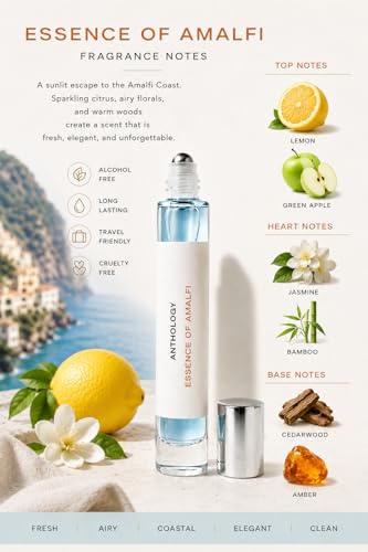 Anthology Essence of Amalfi Perfume Oil Roll-On for Women – Mediterranean Citrus Fragrance with Lemon, Green Apple & Cedarwood – Alcohol-Free Travel Rollerball 9ml