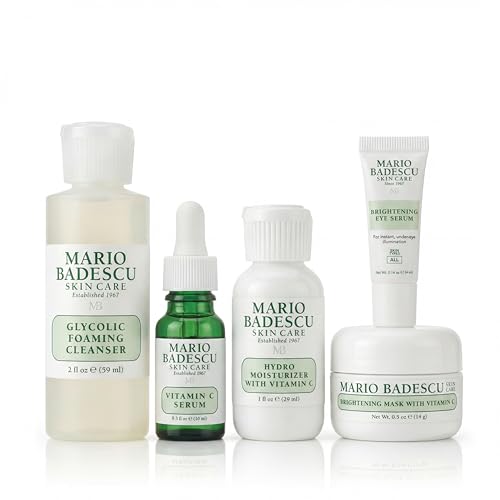 Mario Badescu Good Skin Is Forever & Bright 5-Piece Skincare Set – Glycolic Cleanser, Vitamin C Serum, Hydro Moisturizer, Brightening Mask & Eye Serum for Radiance