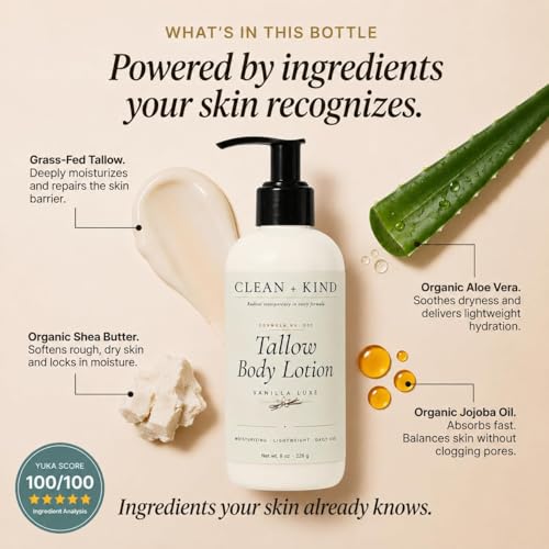 Clean + Kind Vanilla Tallow Body Lotion, Non-Toxic for Dry Skin 8 oz