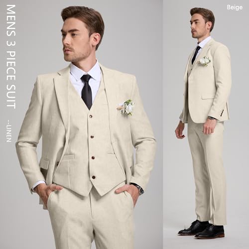 Mens 3 Piece Suits Linen Classic Fit Beige Tuxedo Suit for Wedding Lightweight Formal Business Blazer Jacket and Pants M