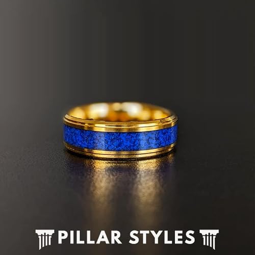 Pillar Styles 8mm Lapis Lazuli Ring 14K Gold Wedding Bands Blue Lapis Tungsten Rings for Men with Step Edges Unique for Him