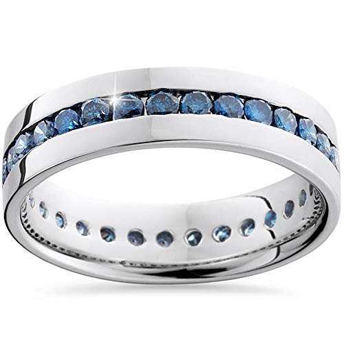 P3 POMPEII3 Pompeii Men's 1 1/5ct Blue Diamond Channel Set Eternity Ring 14K White Gold Wedding Band - Size 10.5