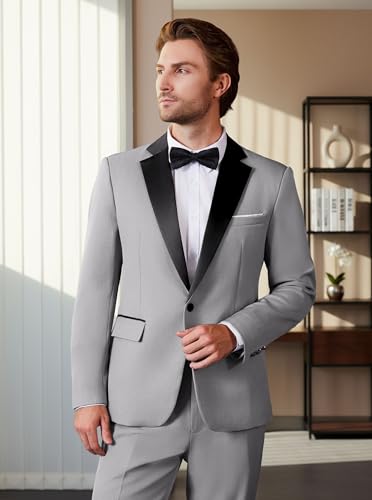 WULFUL Men's 2 Piece Slim Fit Suit Set One Button Blazer Jacket Pants Tuxedo Set for Prom, Wedding and Business