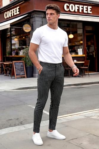 GINGTTO Mens Dress Pants Slim Fit Stretch Pinstripe Pants Men Casual Black 32Wx30L