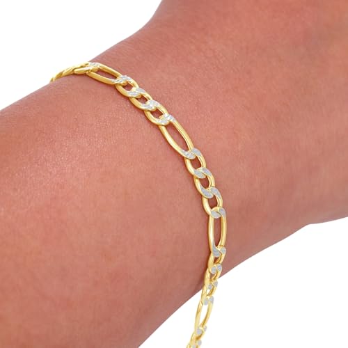 Nuragold 10k Real Yellow Gold Figaro Link Pave Diamond Cut Chain Bracelet - 4.5mm,7"