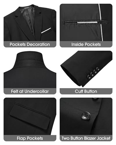 WULFUL Men's Slim Fit 3 Piece Suits Two Button Blazer Vest & Pants Tuxedo Set for Business Wedding Party Black