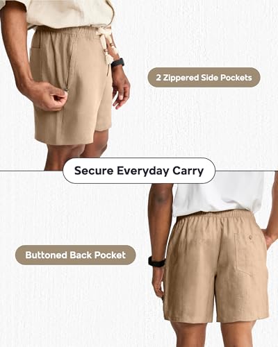 maamgic Mens 100% Linen Shorts Casual Drawstring Elastic Waist, Breathable Summer Shorts for Men Beach Vacation with Pockets Dark Khaki