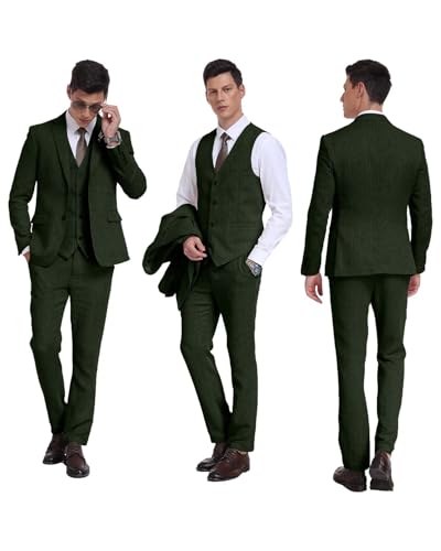 Retro 3 Piece Suit Tweed Herringbone Men's Suits Slim Fit Groom Tuxedos Set Prom Brown Grey Jacket Blazer Vest Pants Green L