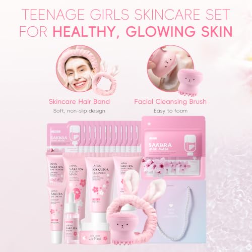LAIKOU Sakura Skincare Set for Teen Girls, Complete Face Care Kit 34pcs