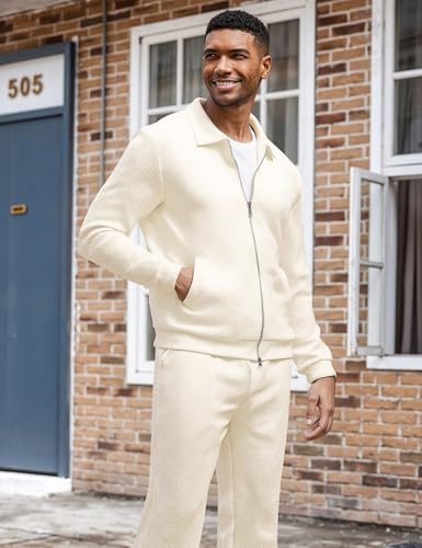 UOUA Mens 2 Piece Tracksuits Set Casual Jacquard Sweatsuits Outfits Full-Zip Jakcet & Loose Jogging Pants Beige L