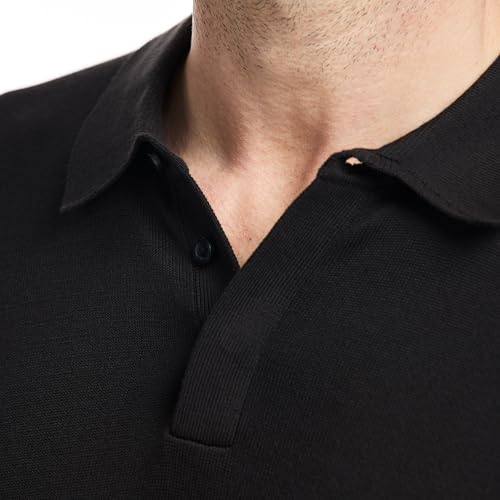 SAKS Fifth Avenue Men's Short Sleeve Rib Knit Sweater Polo, Premium Cotton Blend Knit Top, Classic-Fit & Richly Detailed, Black, XL