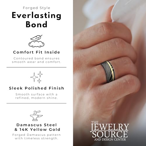 The Jewelry Source Men’s 7mm Damascus Steel Ring with 14K Gold Inlay – Ocean Blue Sleeve (4.5)