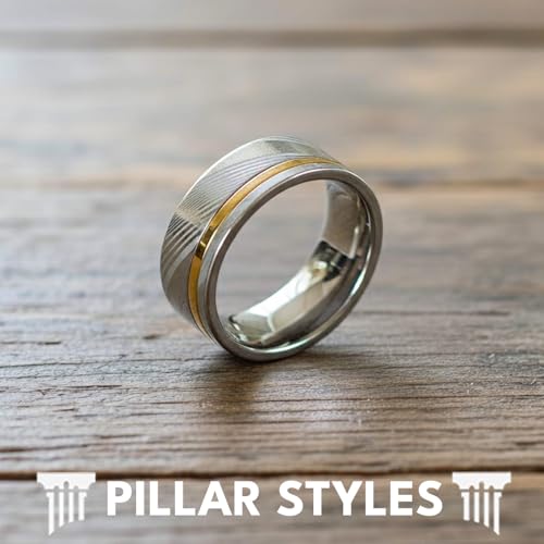 Silver Damascus Ring 14K Gold Mens Wedding Band Damascus Steel Ring with Yellow Gold Inlay 8mm Unique Two Tone Engagement Bands