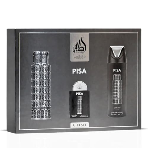 Lattafa Pride Pisa 3-Piece Gift Sets – Long Lasting Arabian Perfume For Men – Eau De Parfum & Perfumed Spray – Mediterranean Inspired Perfume Men With Citrus & Amber Notes - Premium Gift Box