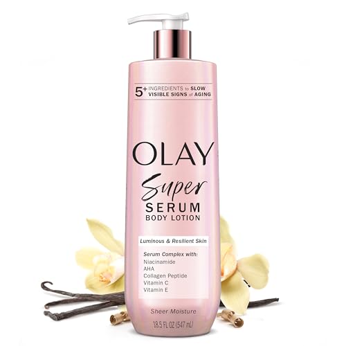 Olay Super Serum Hand & Body Lotion for Dry Skin, 24hr Long Lasting Hydration, 5+ Ingredient Complex for Bright Even Firm Luminous Skin, Sweet Vanilla & Soft Wood Scent, 18.5 fl oz