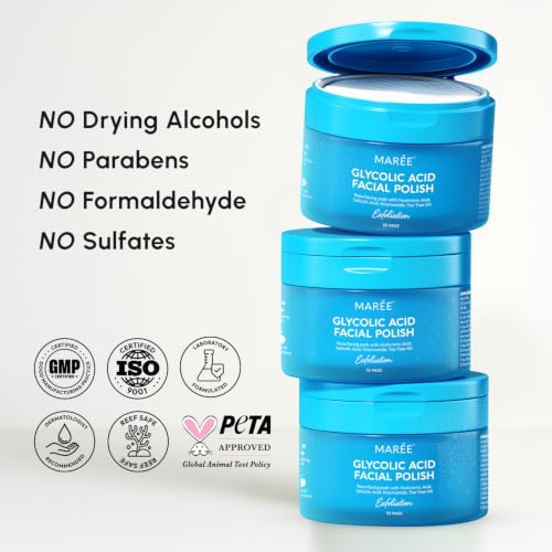 MAREE Glycolic Acid Pads - Toner Pads for Face Cleansing - Exfoliating Pad with Tea Tree Oil, Salicylic Acid & Vitamins E, B3, B5 - Facial Polishes & Peels, Skin Pore Resurfacing & Radiance - 50 Count