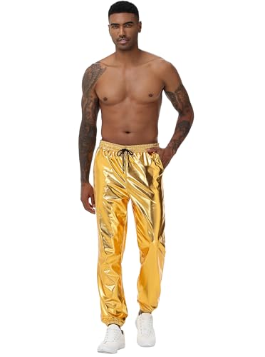 NewL Mens Gold Metallic Shiny Rave Night Club Pants Comfort Sweatpants Disco Dance Party Elastic Trousers (US, Alpha, Small, Regular, Regular, Gold)