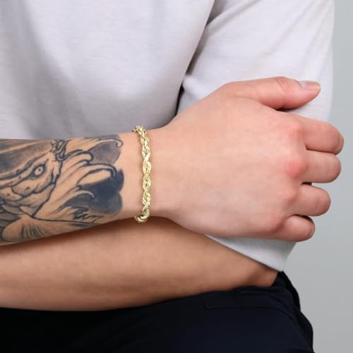 Nuragold 14k Real Yellow Gold Rope Chain Diamond Cut Mens Bracelet - 6mm - 8.5"