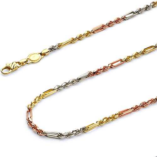 14k REAL Tri Color Gold Solid Men's 4mm Figarope Chain Bracelet with Lobster Claw Clasp - 8.5"