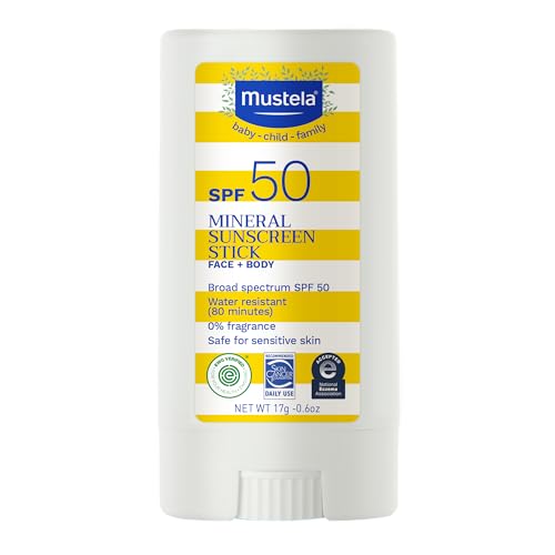 Mustela Baby Mineral Sunscreen Stick SPF 50 Broad Spectrum - Face & Body Sun Stick with 70% Organic Ingredients - Ultra Sheer, Water Resistant & Fragrance-Free - 0.6 oz.