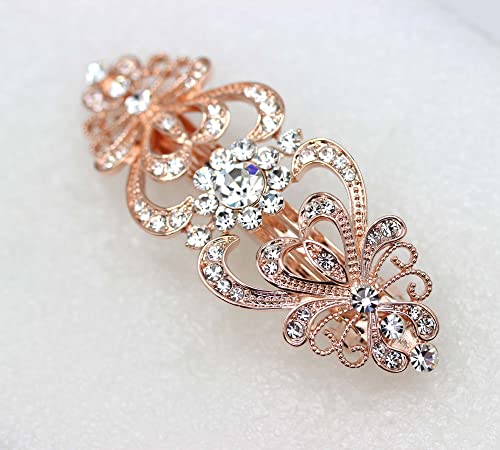 Faship Clear Crystal Rose Gold Plated Floral Hair Barrette