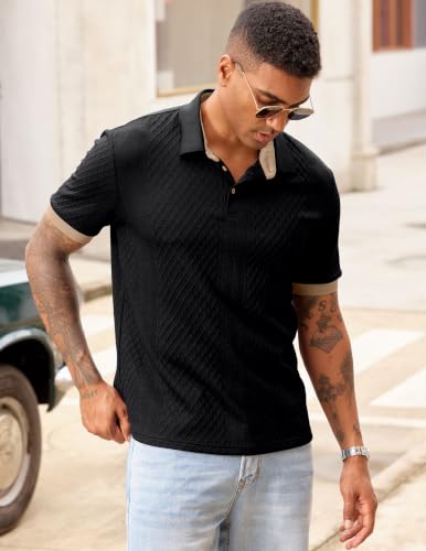 JMIERR Polo Shirts for Men Classic Fit Short Sleeve Casual Soft Button Old Money Textured Cable Knit Quiet Luxury Shirt, XL, Black
