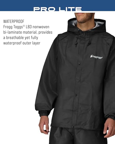 FROGG TOGGS Men's Pro Lite Rain Suit, Waterproof, Breathable, Dependable Wet Weather Protection, Carbon Black, Medium-Large