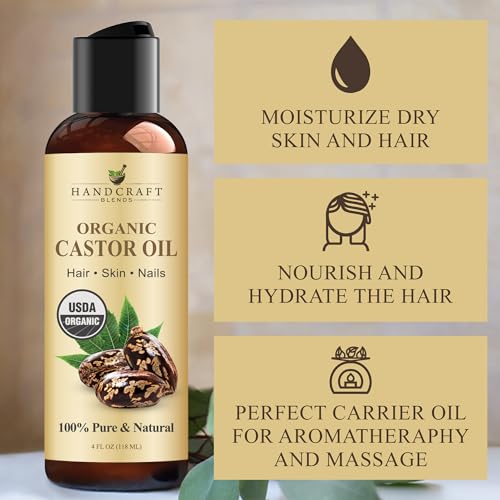 Handcraft Blends Organic Castor Oil 4 Fl Oz | 100% Pure and Natural | Premium Grade Carrier Oil | Hair, Eyelashes and Eyebrows | Hair and Body | Expeller-Pressed | Hexane-Free