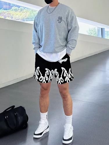 DIOTSR Mens Flame Graphic Basketball Shorts Drawstring Running Workout Shorts Summer Cool Casual Shorts (05 Black & White,Large)