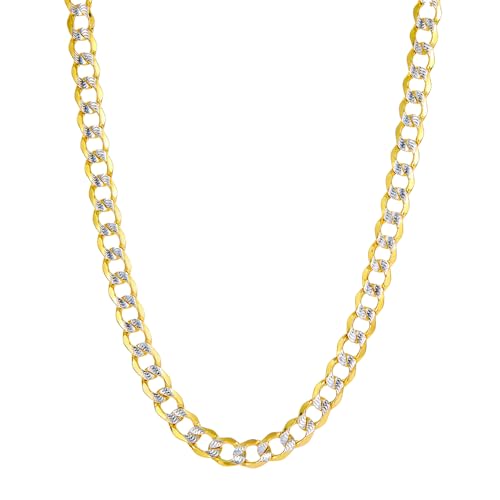 14k REAL Two Tone Gold 4.5mm Bevelled Hollow Cuban Curb White Pave Chain Bracelet with Lobster Claw Clasp - 7.5"