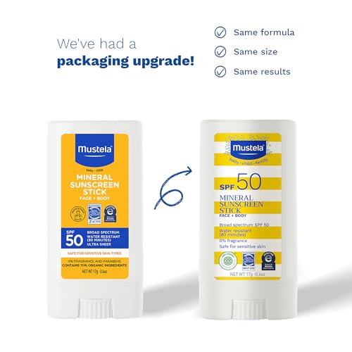 Mustela Baby Mineral Sunscreen Stick SPF 50 Broad Spectrum - Face & Body Sun Stick with 70% Organic Ingredients - Ultra Sheer, Water Resistant & Fragrance-Free - 0.6 oz.