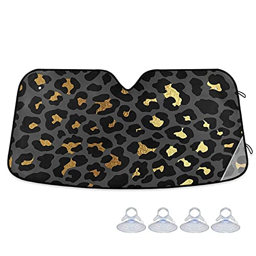 Black Gold Leopard Skin Car Windshield Sun Shade Foldable Luxury Auto Front Window Sunshade, Accordion Folding Sun Visor Shield Protector Blocks UV Rays for SUV Trucks 55x27.6 inch