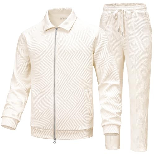 UOUA Mens 2 Piece Tracksuits Set Casual Jacquard Sweatsuits Outfits Full-Zip Jakcet & Loose Jogging Pants Beige L