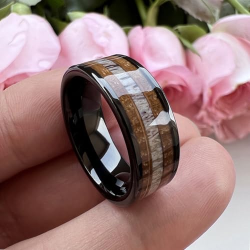 TUTISS 8mm Black Tungsten Rings for Men Women Wedding Bands Whisky Barrel Wood Deer Antler Inlay Flat Polished Comfort Fit Size 9.5