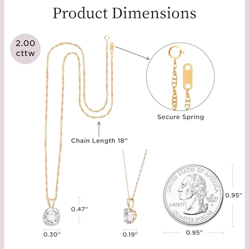 Jewelili 10K Yellow Gold Solitaire Pendant Necklace for Women | Dainty Round Cut White Cubic Zirconia Gold Necklace 8.0MM (2.0 CTW) | 18" Rope Chain | Birthday Gift for Her | Gift Box Included