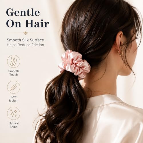 Silk Scrunchies for Hair 100% Mulberry Silk Hair Ties 3 Pack(Pink, Peacock Blue, Apricot)