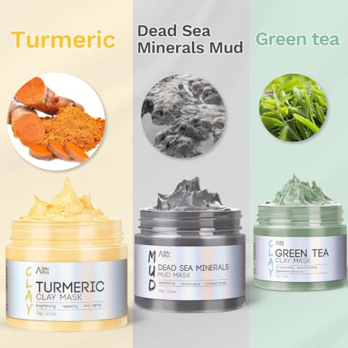 ANAI RUI 3-Pcs Face Mask Set -Turmeric, Green Tea, Dead Sea 2.5 oz Each