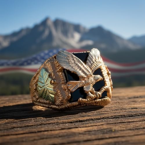 Men's Onyx Eagle Ring, 10k Yellow Gold, 12k Pink and Green Black Hills Gold Size 11