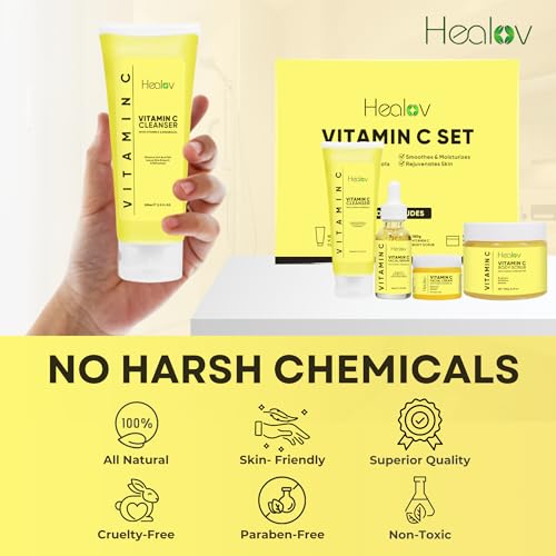 Vitamin C Skincare Set – Hydrating Facial Cleanser, Exfoliating Body Scrub, Face Cream & Anti Aging Serum – Vit C Reduces Dullness, Fine Lines, Wrinkles, Dark Circles – Travel Kit for Youthful Skin
