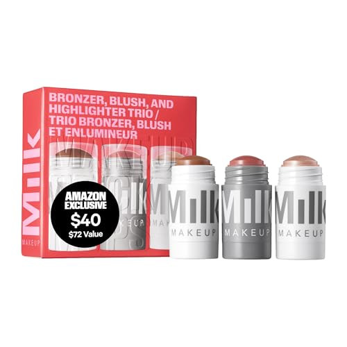 Milk Makeup Bronzer, Blush + Highlighter Full Size Trio – Bronzer in Baked .19oz, Cream Blush + Lip Color in Werk (Dusty Rose) .21oz + Highlighter Stick in Lit (Champagne) .21oz – Hydrating Formulas