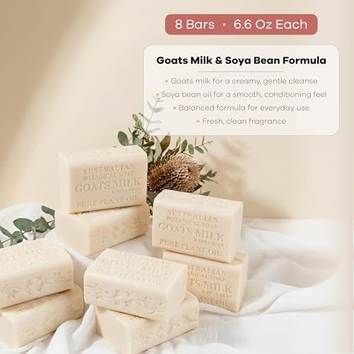 Australian Botanical Soap Goats Milk Bars, 6.6 oz Each, Pack of 8, Triple Milled with Soya Bean Oil & Organic African Shea Butter, Cleansing Bar Soap, Packaging May Vary